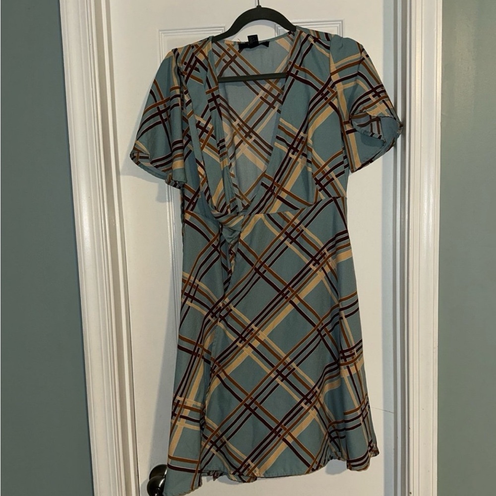 Plaid V-Neck Dress in Blue and Tan